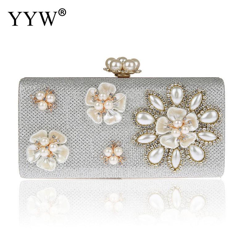 Mode Vrouwen Koppeling Zakken Met Strass Parel Trendy Wedding Bolsa Feminina Zinklegering Bloemen Mini Dag Koppelingen Luxe Tassen: silver