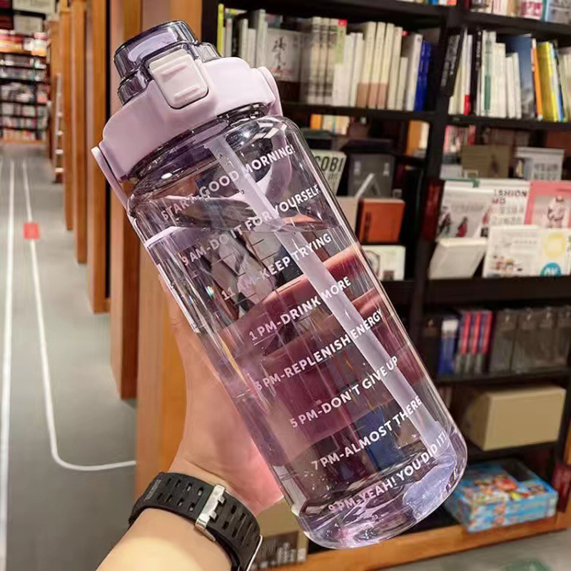 2 Liter Big Water Bottle With Straw Outdoor Sports Female Travel bottles Fitness Cup Summer Cold Water Jug with Time Marker: PURPLE