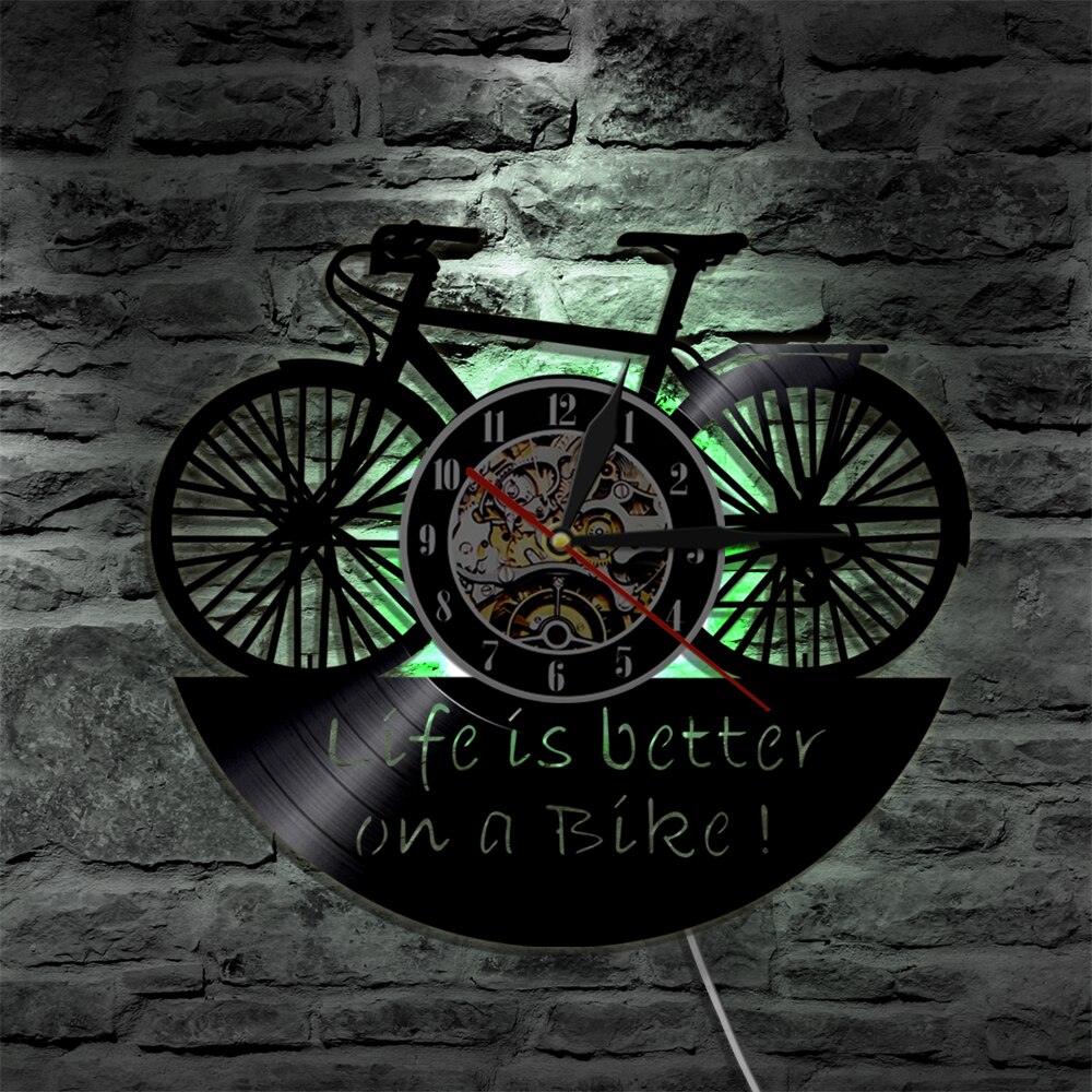 Life Is Better On A Bike Wall Clock Bike Cycle Vinyl Record Wall Clock Home Decor with 7 Different Color LED Light