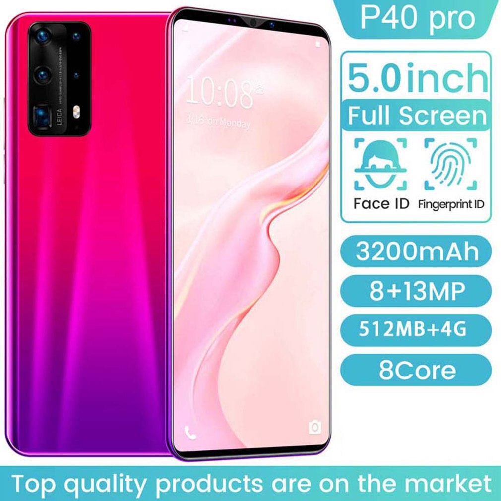 Dual-Core P40 Pro Smartphone 5 Inch Screen Smartphone 512M+4G Android Smartphone 3D Glass Plated Back Cover Red