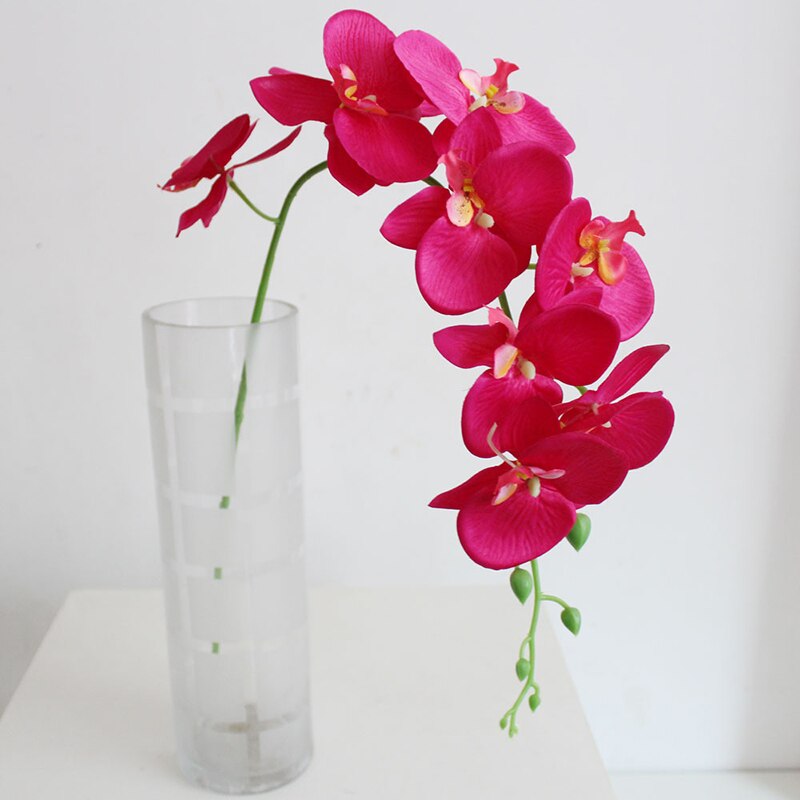Konstgjord plast fjäril orkidé siden blomma hem bröllop dekoration prydnad enda 9- blomma phalaenopsis konstgjord blomma: Röd