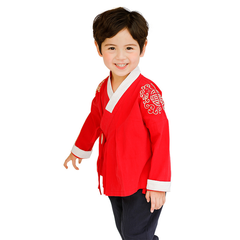 2Pcs Kids Blauw Hanfu Kinderen Baby Jongens Chinese Stijl Retro Geborduurde Rode Tang Pak Jaar Oosterse Kleding Set tops Broek