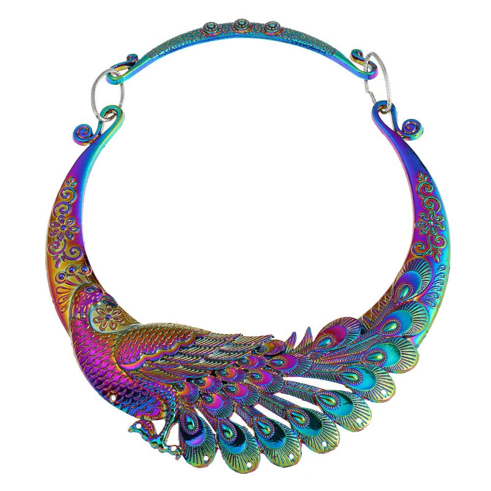 Retro vintage etnische gesneden pauw dikke bib kraag choker ketting vrouwen indiase overdreven sieraden kraag vintage ketting: Kleurrijk