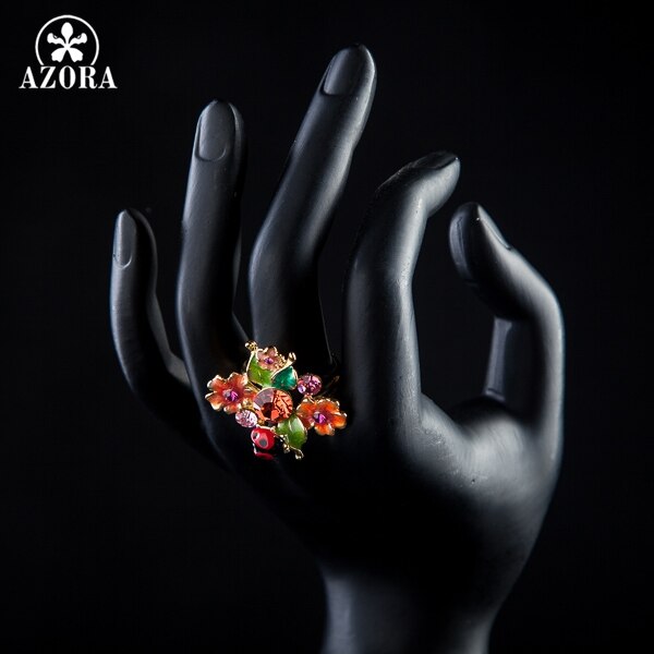 AZORA Gold Color Stellux Austrian Crystal Multicolour Insects and Flower Ring TR0087