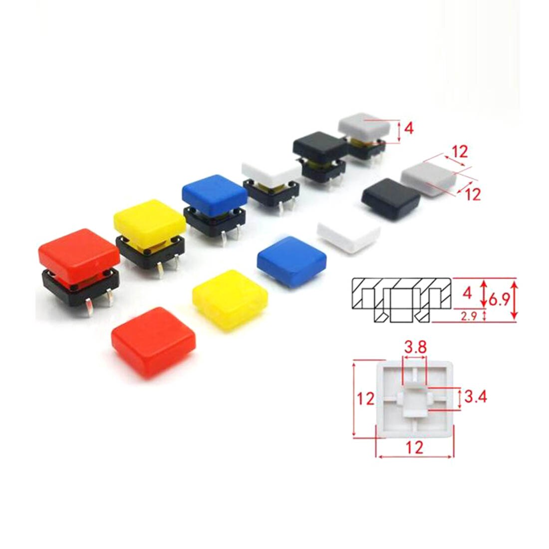 Tapa de interruptor de botón cuadrado, tapas de botón multicolor para interruptores táctiles cuadrados de 12x12mm, 100 Uds.