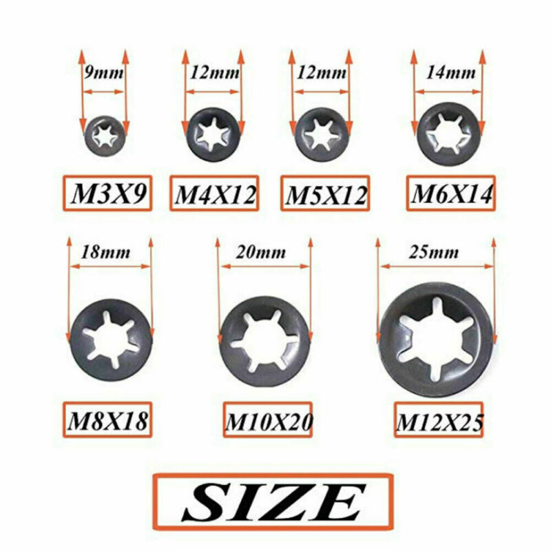260x skiver festeklemme pakning motor grip stjernemutter push-on låsebolt tilbehør  m3-m12 sett maskinvareholder med oppbevaringsboks