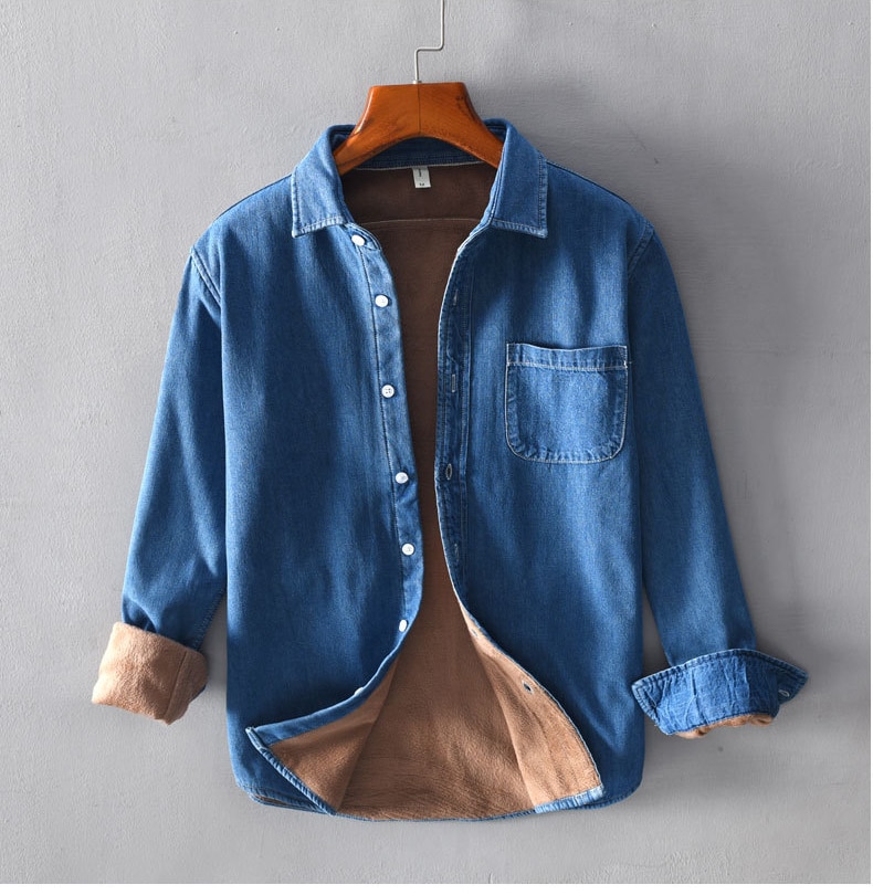 Winter Mens Distressed vintage long sleeve denim shirts fleece thick Mens lapel shirts male warm denim clothing