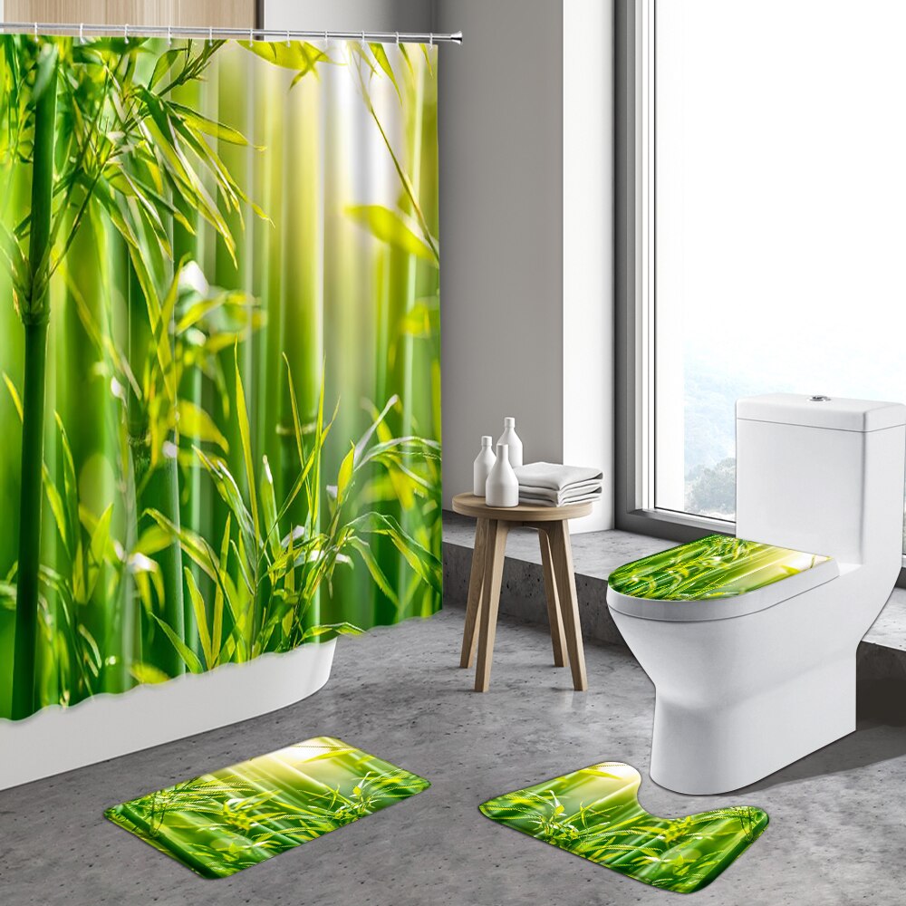 4pcs Zen Stone Shower Curtain Green Bamboo Orchid Flower Plants Anti-Slip Bath Mats Toilet Lid Cover Bathroom Decor Carpet Rugs: 7392J -4pcs set