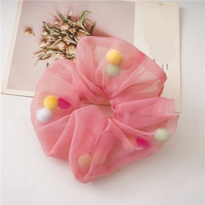 Vrouwen transparante tule kleurrijke haaraccessoires organza met bol net garen mesh scrunchie elastische haarbanden paardenstaarthouder: Donkerroze