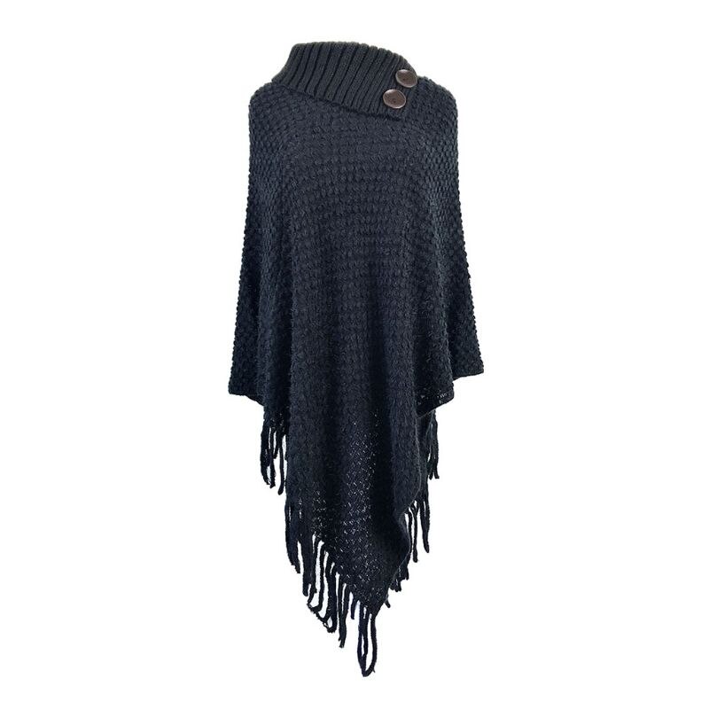 Women Knitted Pullover Sweater Top Half Opened Collar Buttons Warm Shawl Wrap Fringe Tassels Hem Solid Color Poncho Cape: Black