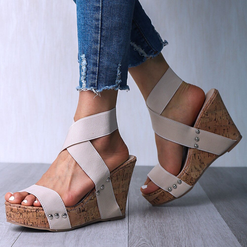 SARAIRIS Big size 43 Wood platform high heels elastic band wedges sandals female summer shoes women