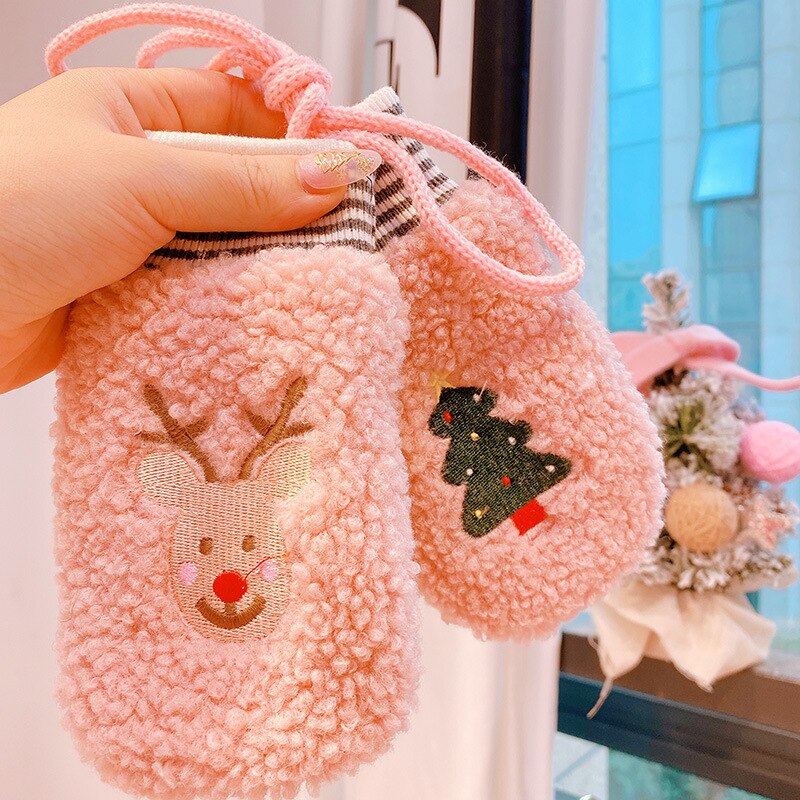 Zagęścić dzieci rękawiczki z wełny owczej zimowe utrzymać ciepłe dzieci kreskówki pluszowe futrzane pełne mitenki miękkie rękawiczki dla 4-8 lat: różowy