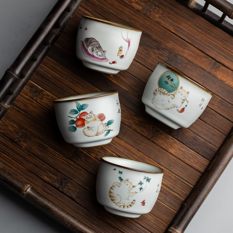 LUWU Ceramic Tea Cup Cute Cat Chinese Teacups 100ml