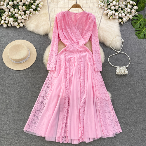 Långärmad klänning med v-ringning i mesh för kvinnor, spetsklänningar i midjan, a-linjeformade klänningar, sexig lång klänning, vestidos för kvinnor: Rosa