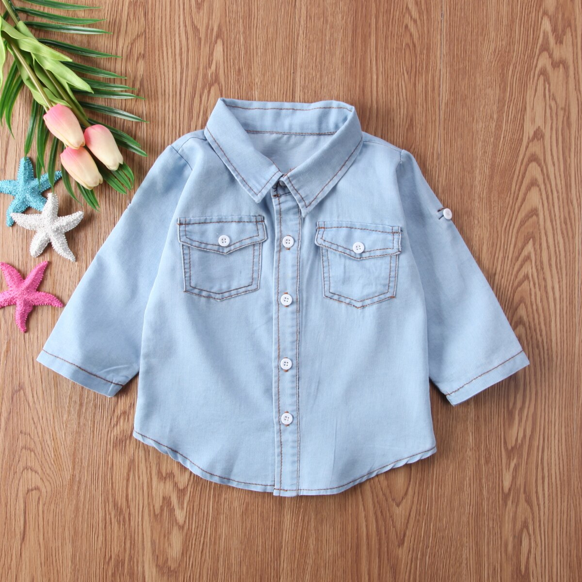 Baby Jongens Meisjes Effen Kleur Shirt Verstelbare Mouwen Button Down Denim Blouse Casual Top