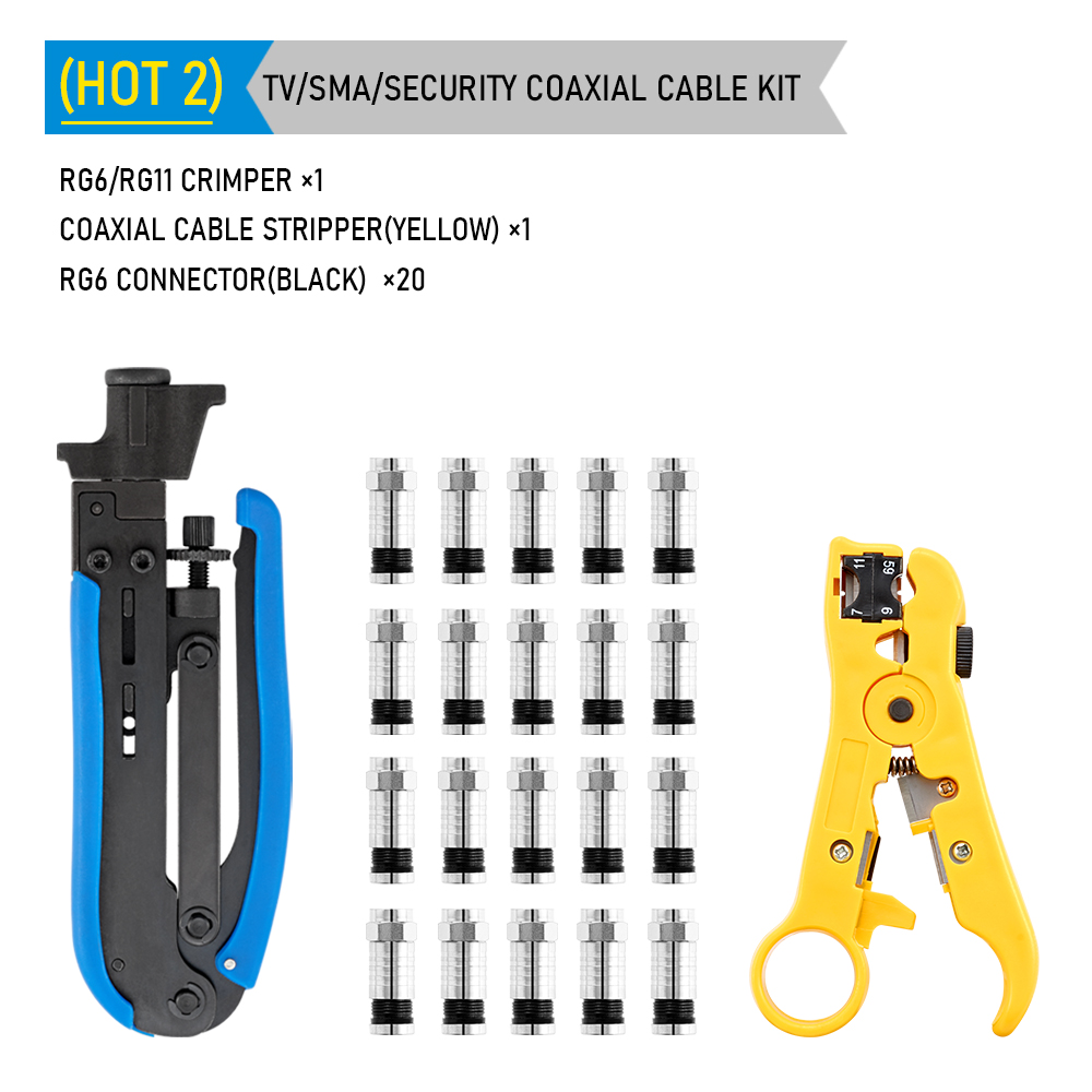RG6 RG59 RG7 RG11 Wire Stripper Crimper Tool Kit Coaxial Cable Crimping Pliers Set With F BNC Compression Connectors