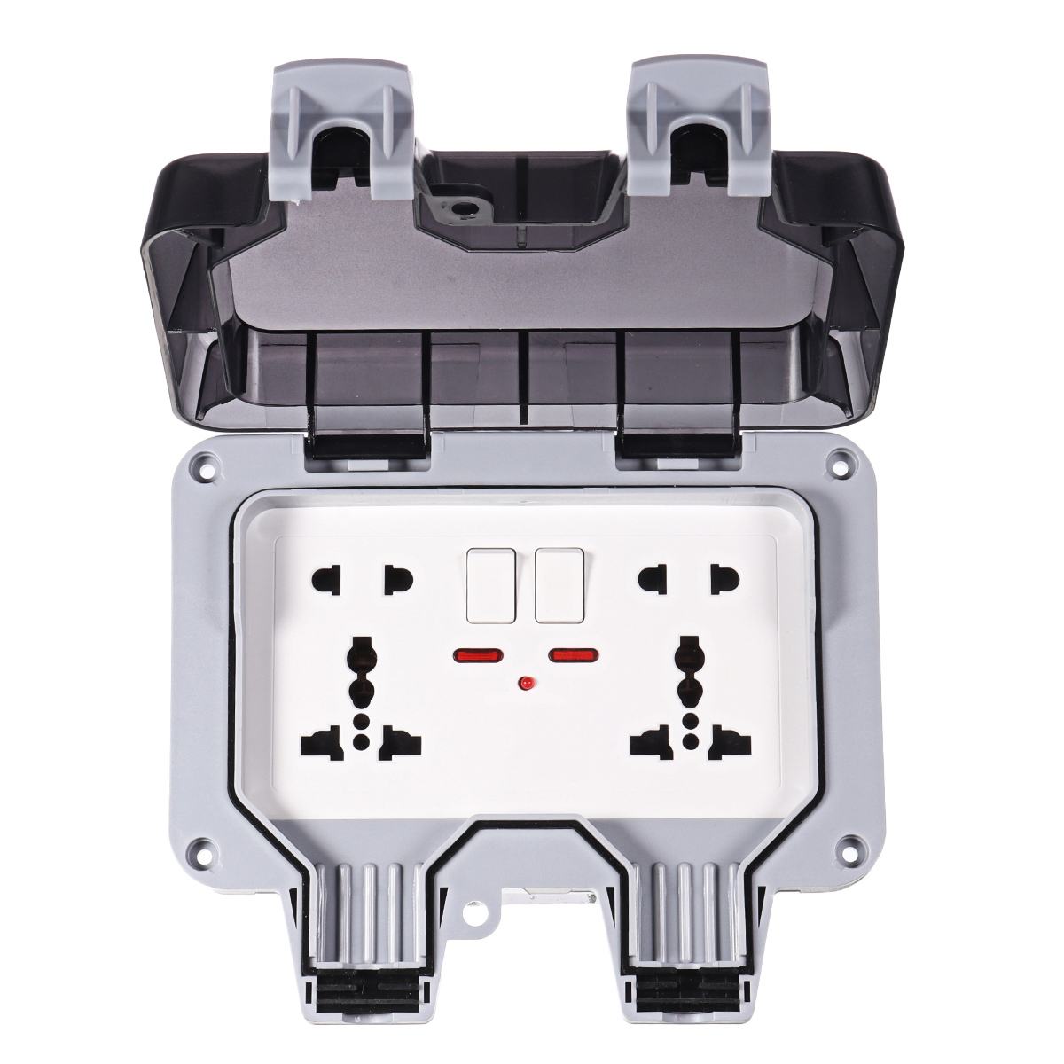 IP66 Weatherproof Waterproof Outdoor BOX Wall Socket 13A Double Universal / UK Switched Outlet With USB Charging Port: double with light