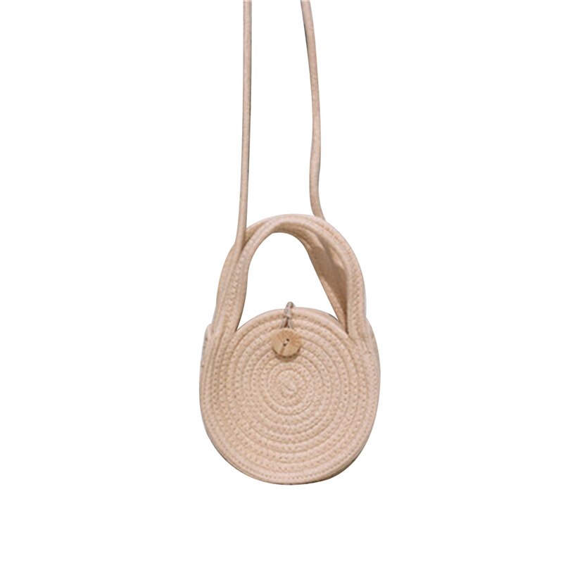Bolso de paja trenzado para mujer, bolso de mano con asa portátil, cubo decorativo redondo para chica: Beige