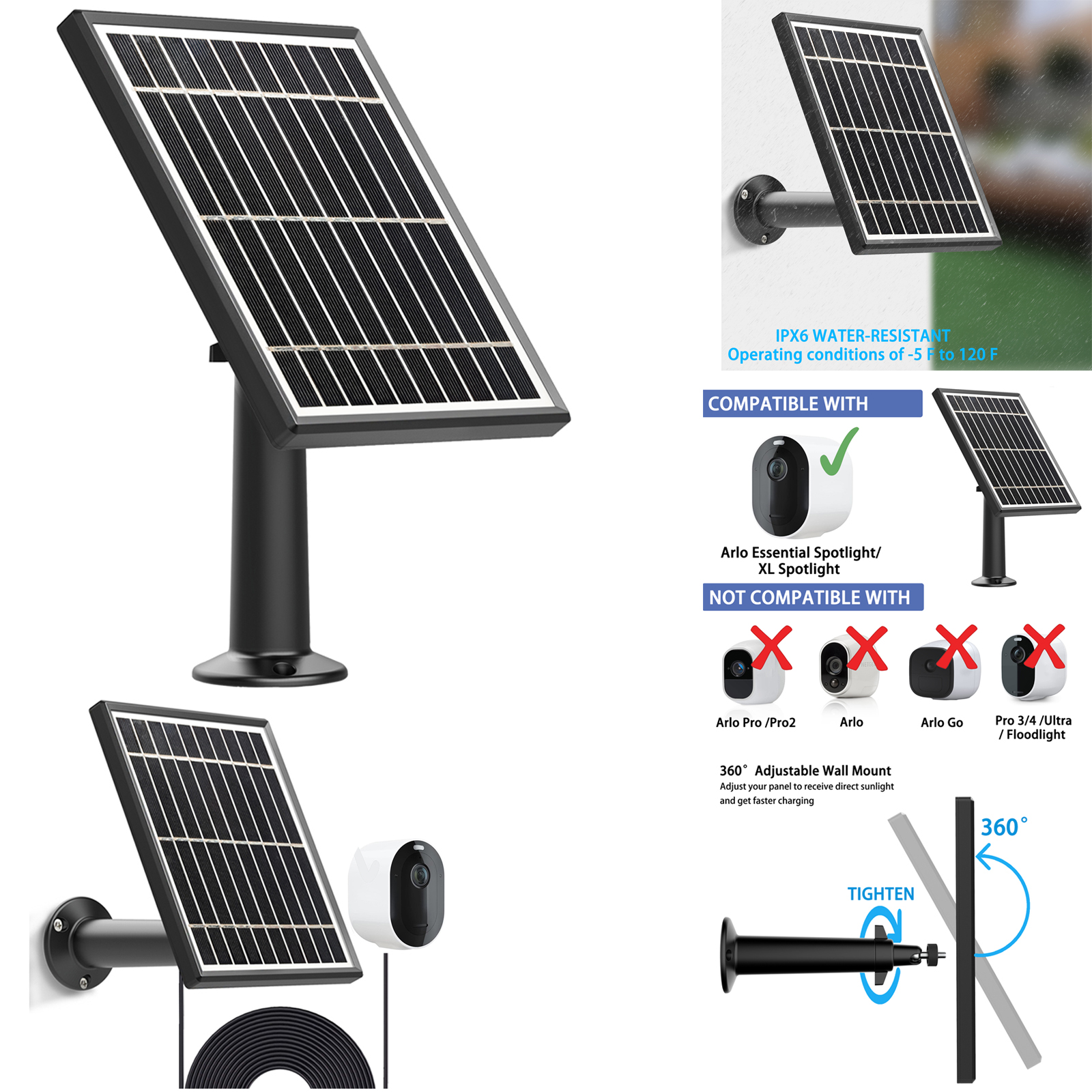 Solar Panel Charging for Arlo Essential Spotlight Waterproof Charge 3.5W 5V