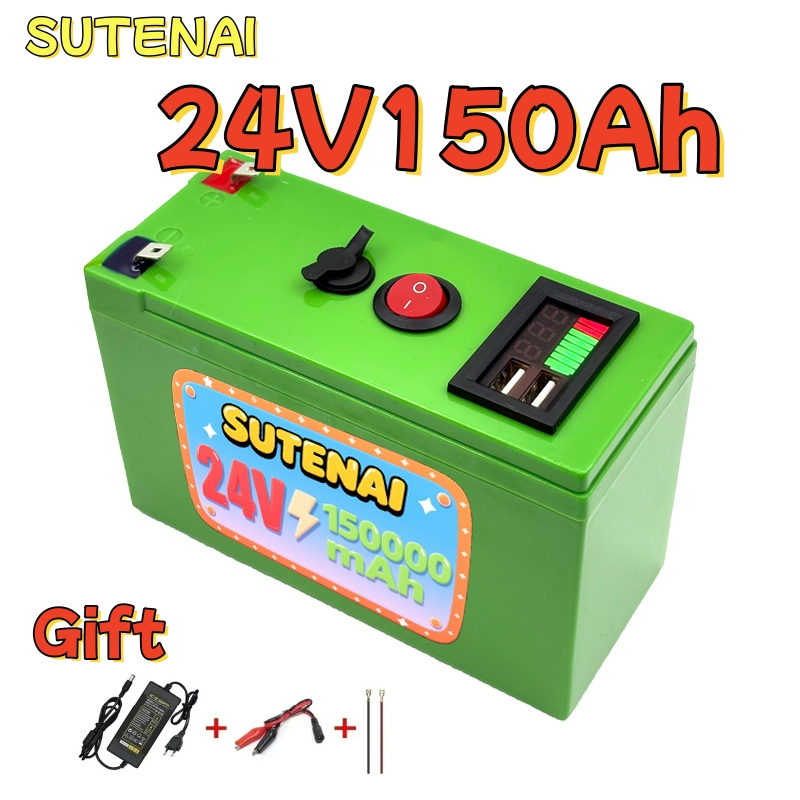 Upgraded LiFePO4 Lithium Battery 24V 150Ah 18650 BatteryPortable Rechargeable Battery Built-in Power display Port Charging