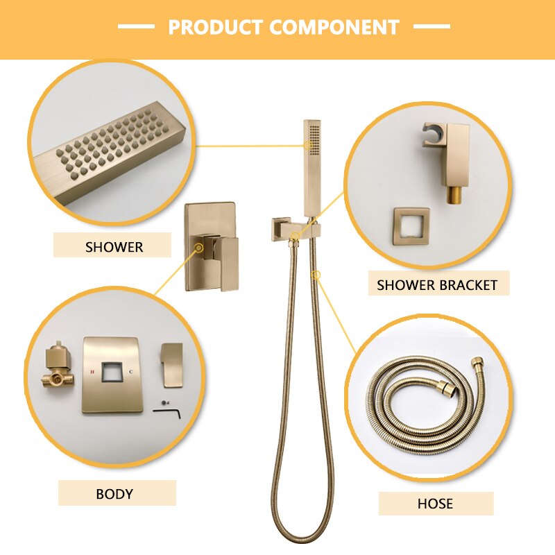 Messing Wandmontage Badkamer Douchekraan Set Vierkante Douchekop Mengkranen Handdouche Hoofd Borstel Goud In Muur Badkamer kranen