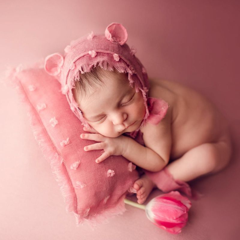2 stk / sæt baby spædbørn foto tilbehør slipsfarvet bomuld linned hat pude sæt nyfødte fotografering rekvisitter  #905