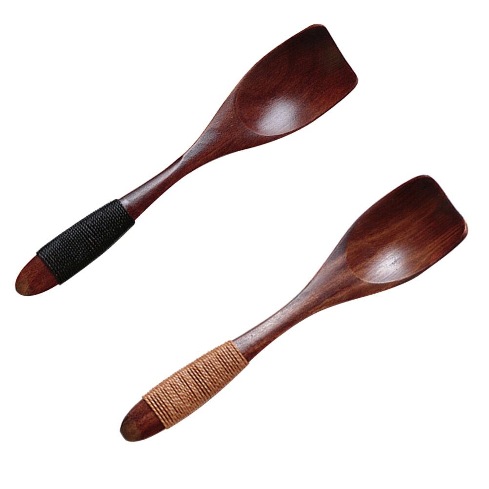 2 stuks japanse houten ijslepels, kleine dessertlepel met een vastgeknoopt lijntje op het handvat, kinderservies van massief hout: Bruin