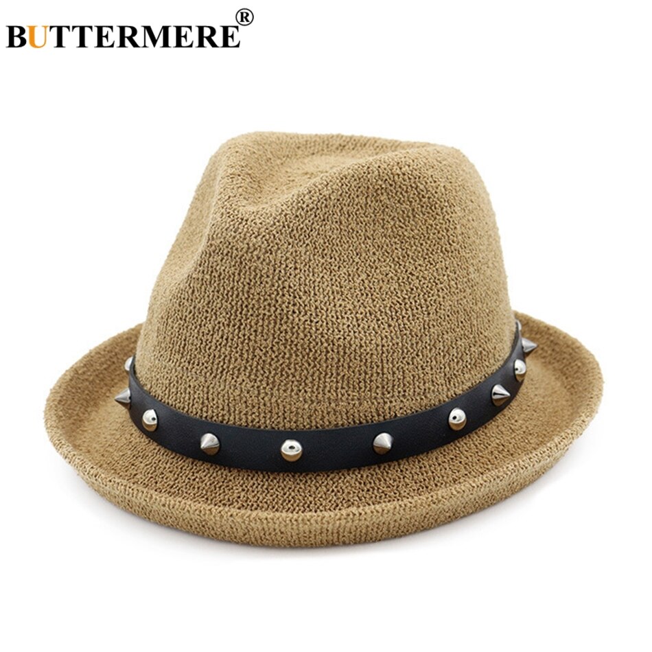 Buttermere fedora hoed dames klinknagel effen beige trilby hoed jazz hoed casual lus garen zomer herfst vrouwelijke punk rock pet