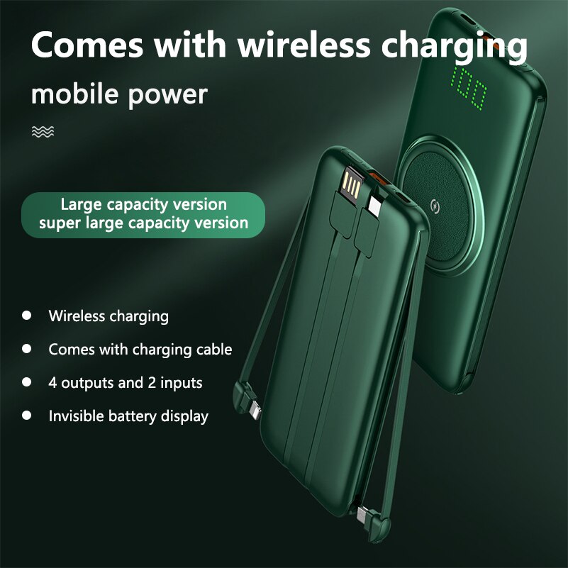 20000Mah Power Bank Voor Xiaomi Qi Draadloze Oplader Ingebouwde 4 Kabels Draagbare Powerbank Externe Batterij voor Iphone