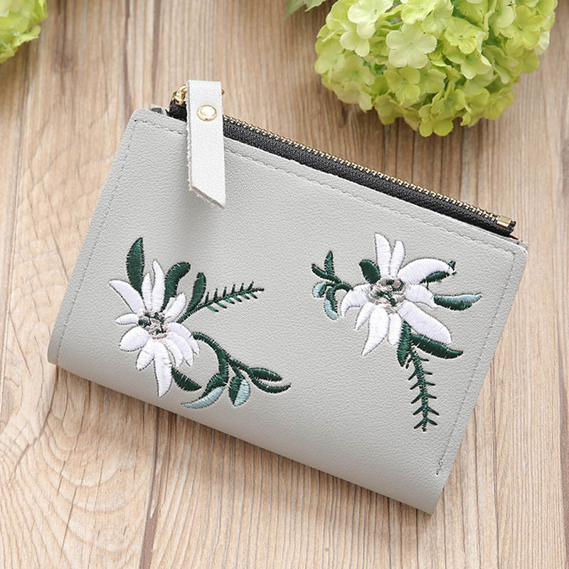 Embroidery Short Wallet Leather Clutch Wallets Female Floral Hasp Coin Purse Small Zipper Bag Credit Card Holders: Gray