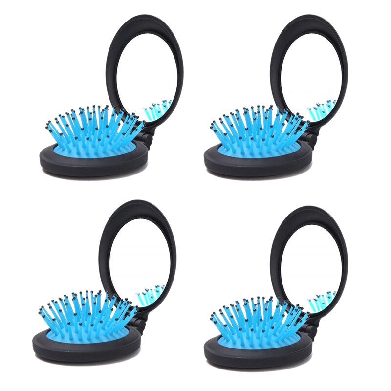 Dobrável viagem pente de cabelo com espelho-mini bolso escova de cabelo para presente idéia (azul) pacote de 4