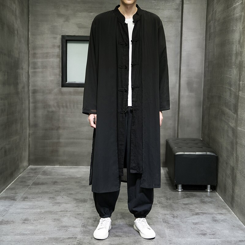 Chinese Traditional Dress Plus Size Long Robe Ancient Style Chiffon Hanfu Men Clothing 2022 Kung Fu Tai Chi Casual Coat Male: Black / 4XL