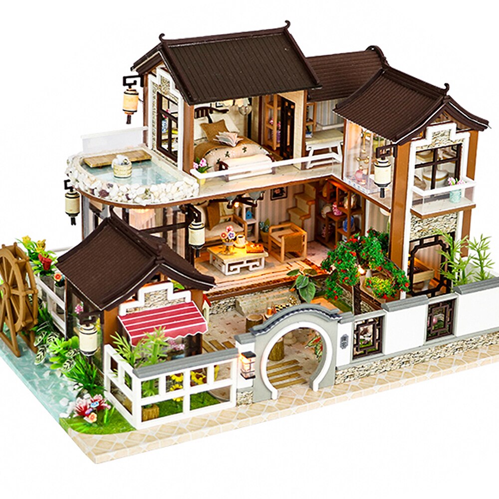 Cutebee DIY domek dla lalek zestaw chiński styl drewniany dom miniaturowe mebelki do domku dla lalek z zabawki z lampkami LED dla dzieci prezent na boże narodzenie: 13848A