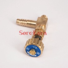 Albue messing nåleventil med fjeder  m10 x 1mm metrisk gevind  to 10mm i/d slange modhage max tryk 0.8 mpa for gas