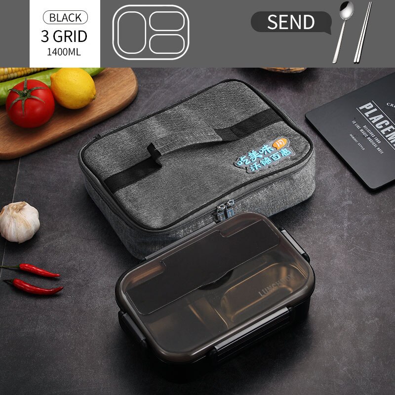 WORTHBUY fiambrera japonesa para niños con compartimentos, caja Bento de acero inoxidable 304 para niños, caja contenedora de alimentos con vajilla: 3 Grid Black And Bag