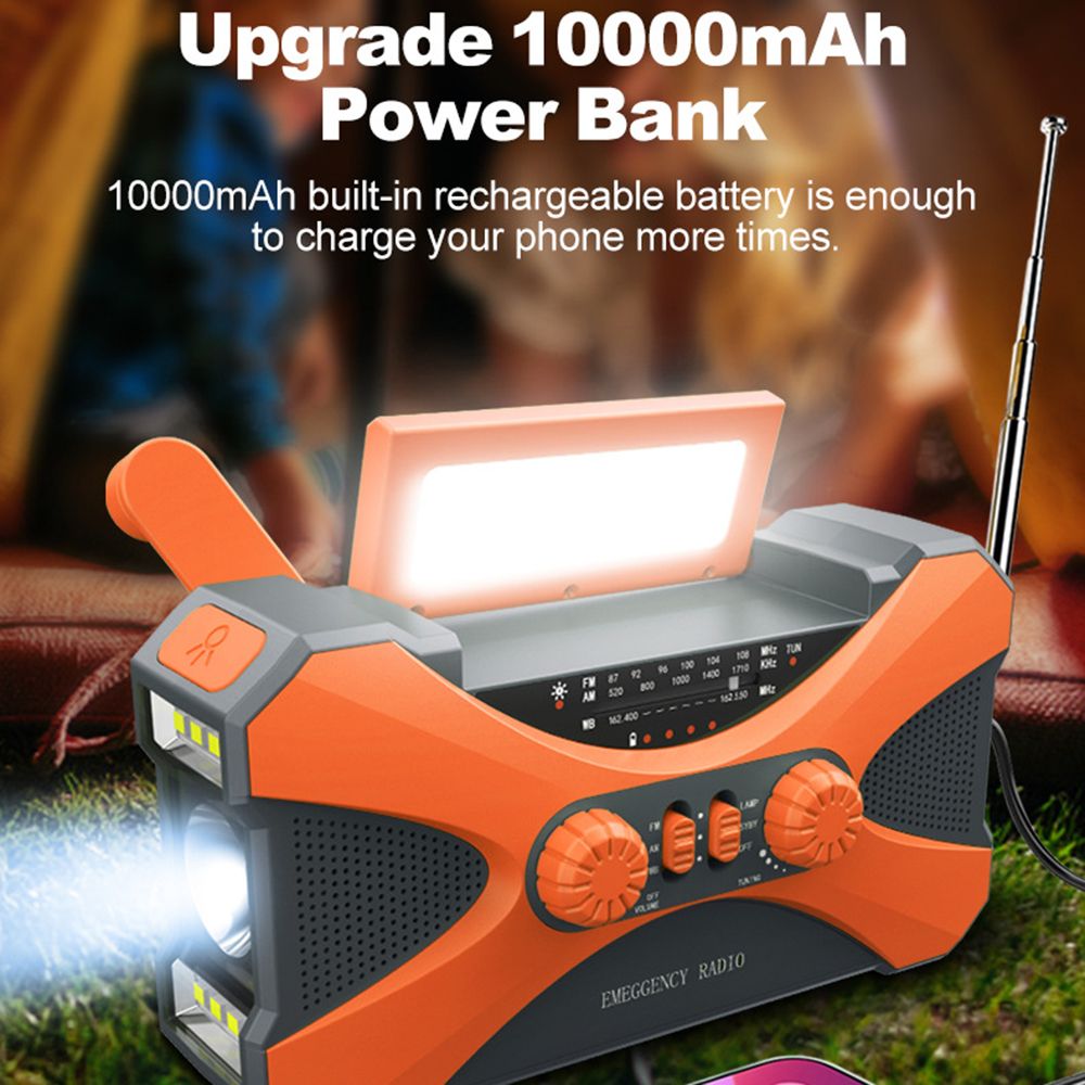 Portable Radio Hand Crank 3-in-1 Reading Lamp Flashlight Solar Charging AM FM NOAA Emergency 10000mAh Power Bank for Cell Phone