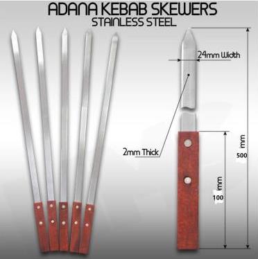 STAINLESS STEEL Heavy Duty Turkish Adana Kebab Skewers Kebob Flat Turkey Barbecue Grill BBQ Tools 6pcs