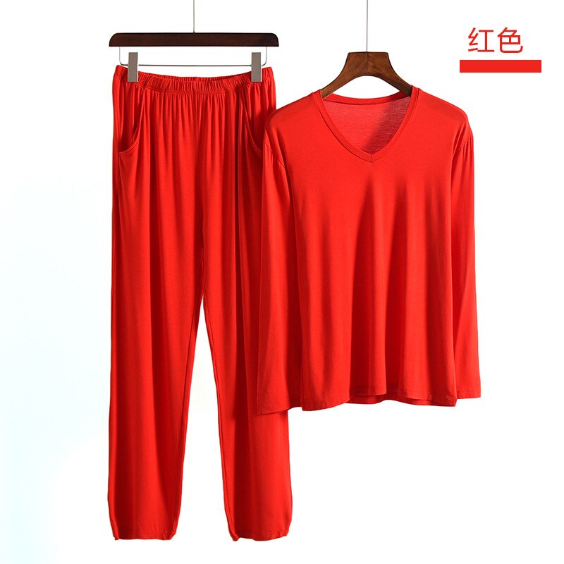 FZSLCYIYI Men's Modal Cotton Long Sleeve Pajamas Set with Long Pant Two-piece Pajama Suit men homewear Sleepwear Loungewear: red / XL