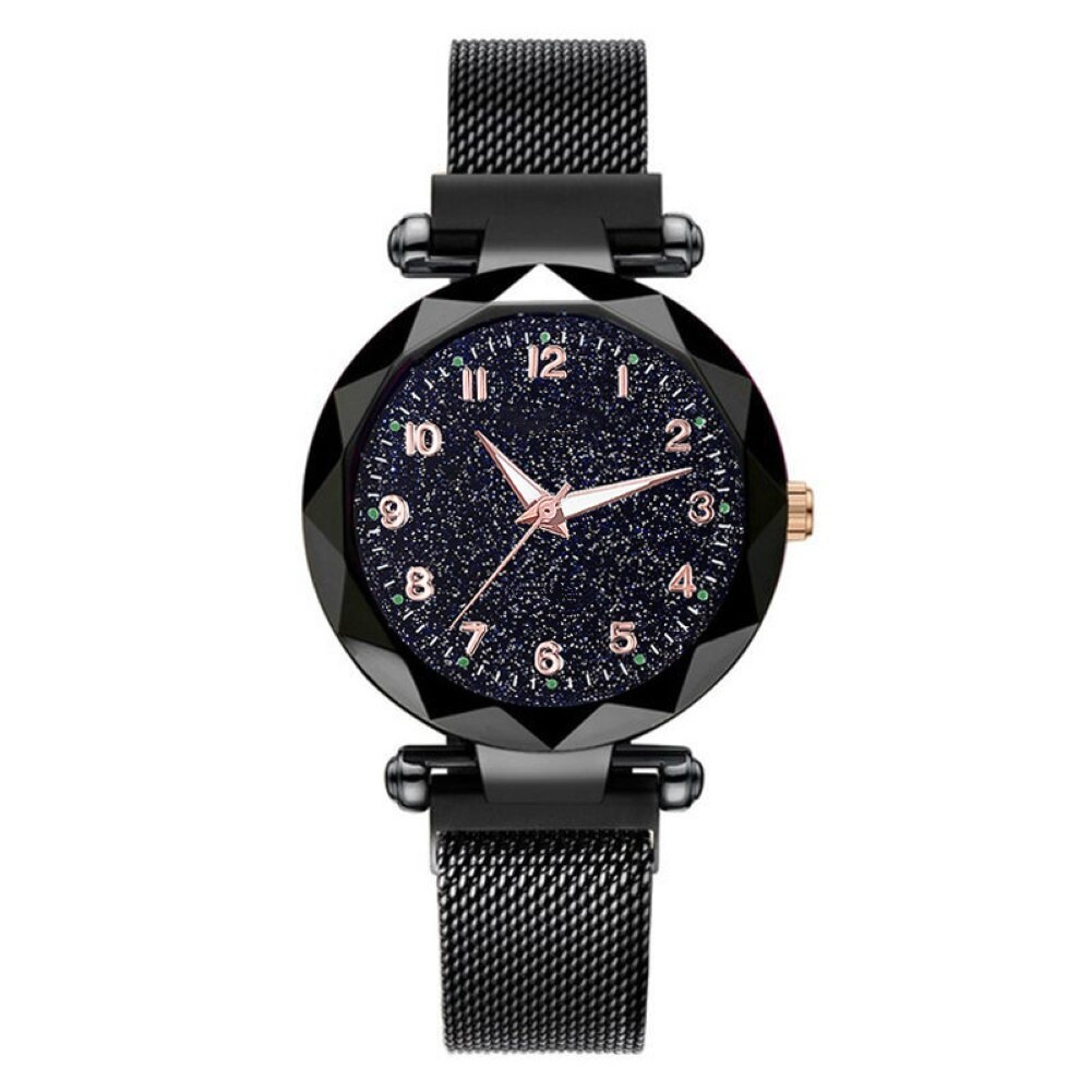Women watch wild Starry Round Dial sky numeral Milan Magnetic Clasp Ladies Geometric Roman Numeral Quartz Analog Watch: Black