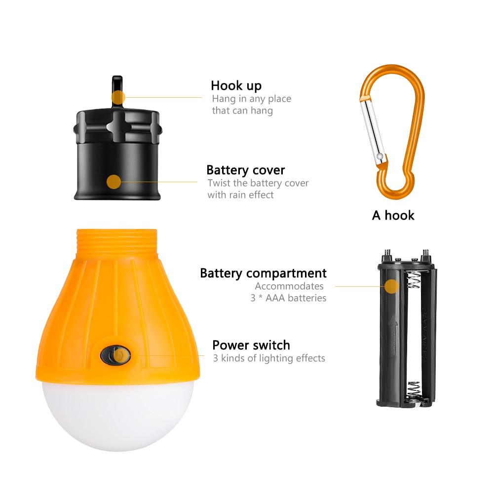 Lámpara LED colgante para tienda de campaña pilas AAA, bombilla con mosquetón de emergencia para exteriores, lámpara de ahorro energético para senderismo