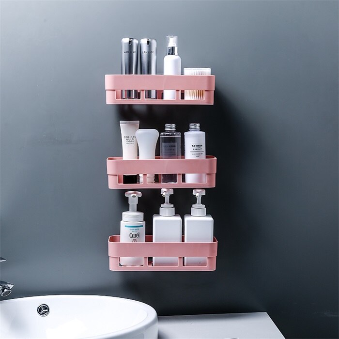 Bathroom Accessories Storage Shelf & Rack Waterproof Floating Shelf Home Decoration Kitchen Free Punching Wall Hanging H1148: pink 3 pieces