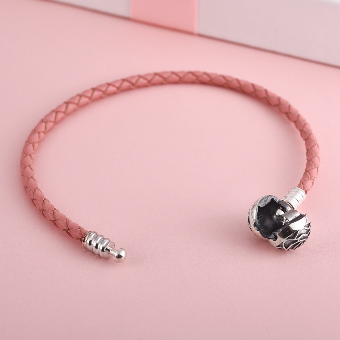 Jiayiqi Fine 925 Sterling Silver Pink&Black Leather Rose Round Buckle Bracelets For Women Fit 925 Silver Charms Bracelet Jewelry