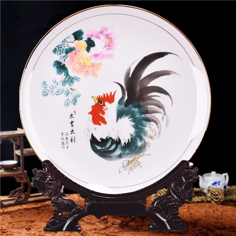 25 cm Fine Bone China Plate Ceramic Ornamental Plate Chinese Style Decoration Plate Wood Base Porcelain Plate Set