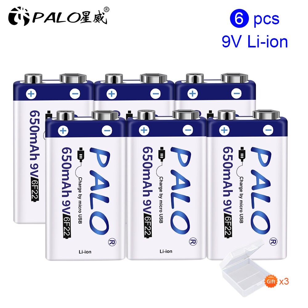 Bateria recarregável do lítio 9v de usb da bateria 9v do li-íon 650mah de palo 6f22 9v usb para o controle remoto do brinquedo: 6PCS