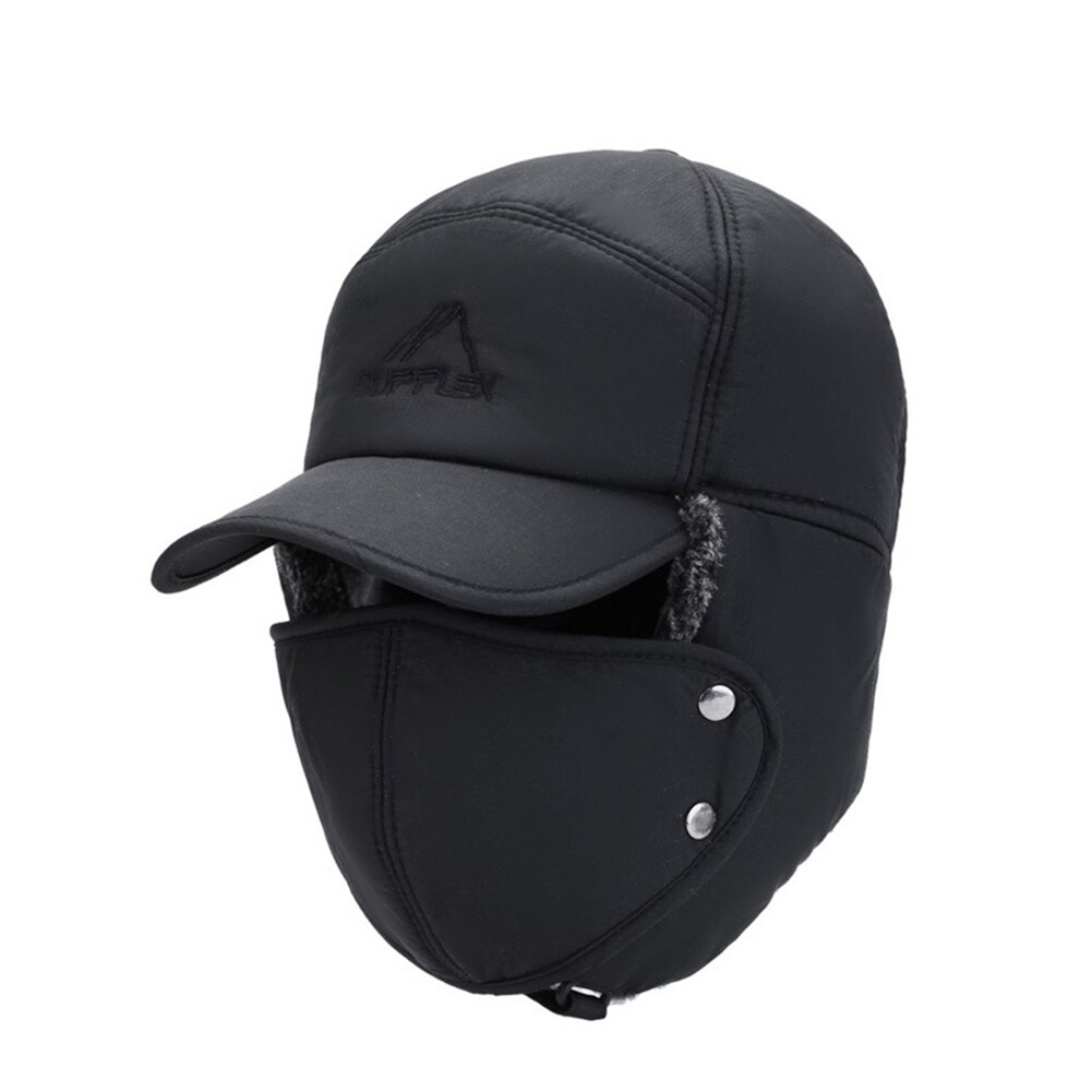 Vinter mænd vindtæt hat varm fortykket øreklapper hætte hel ansigt aftagelig maske udendørs baseball cap russisk pelshue: Sort