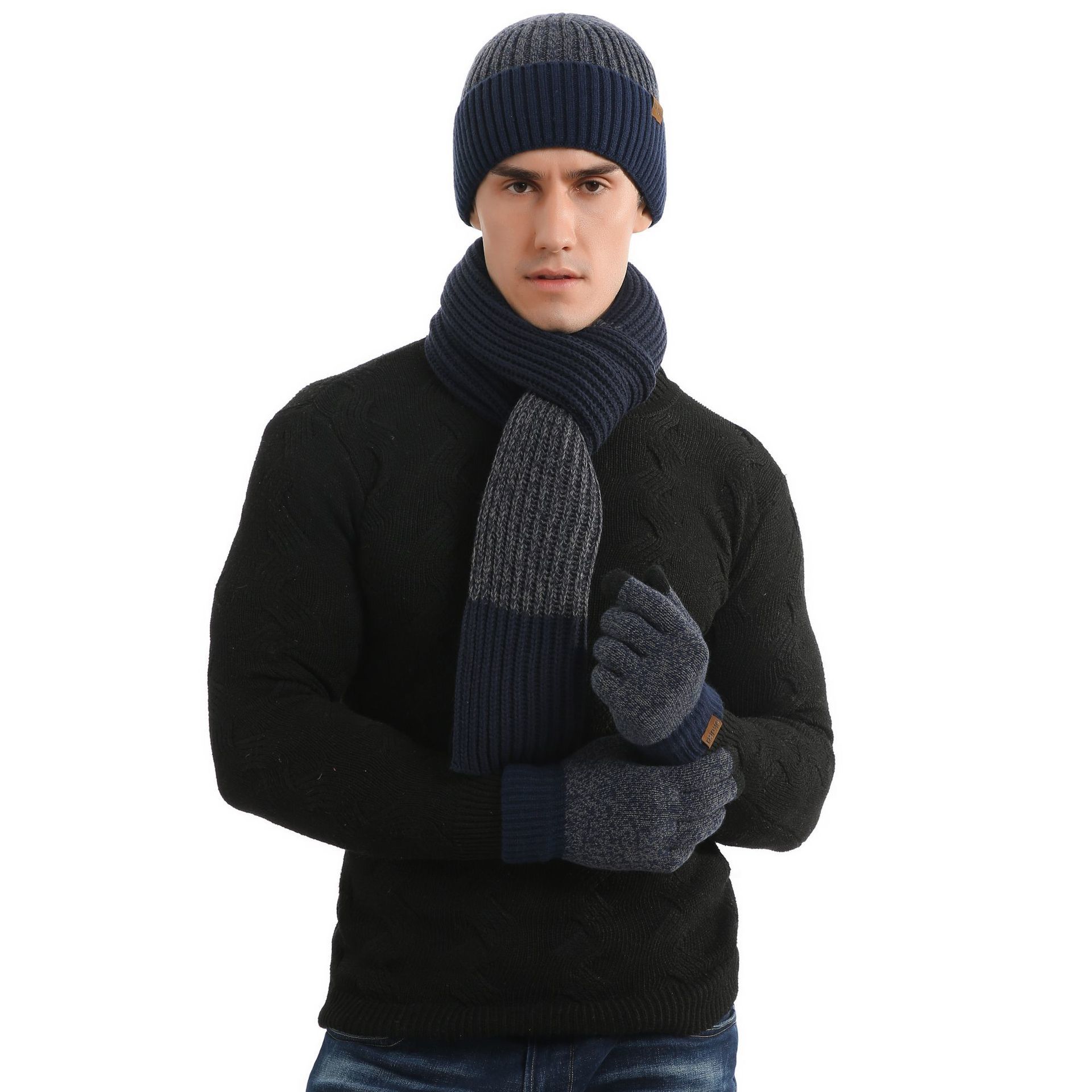 Xpeople blød fleece foret varm vinter mænd 3 stk strikket sæt strik hat lang tørklæde touch screen handsker sæt matchende vinter sæt