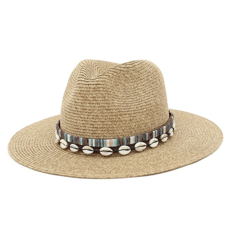 2022 Shell Kwasten Cowgirl Zomer Hoed Papieren Hoed Voor Vrouwen Mannen Western Cowboy Strooien Hoed Dame Trendy Geweven Zonnehoed strand Cap: Khaki