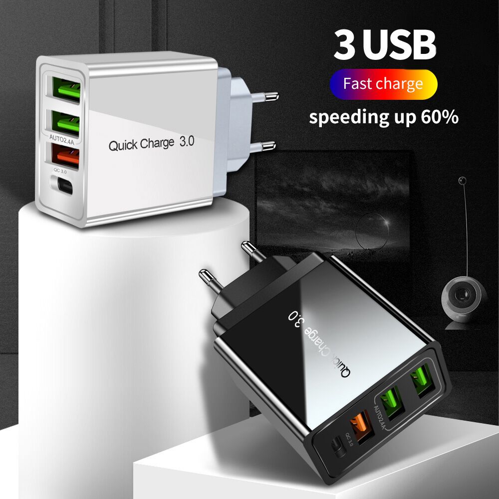 3 USB Plus 1 PD mobile phone charger QC 3.0 Support For EU, UK,US standard fast charge porous charging head 3U adapter