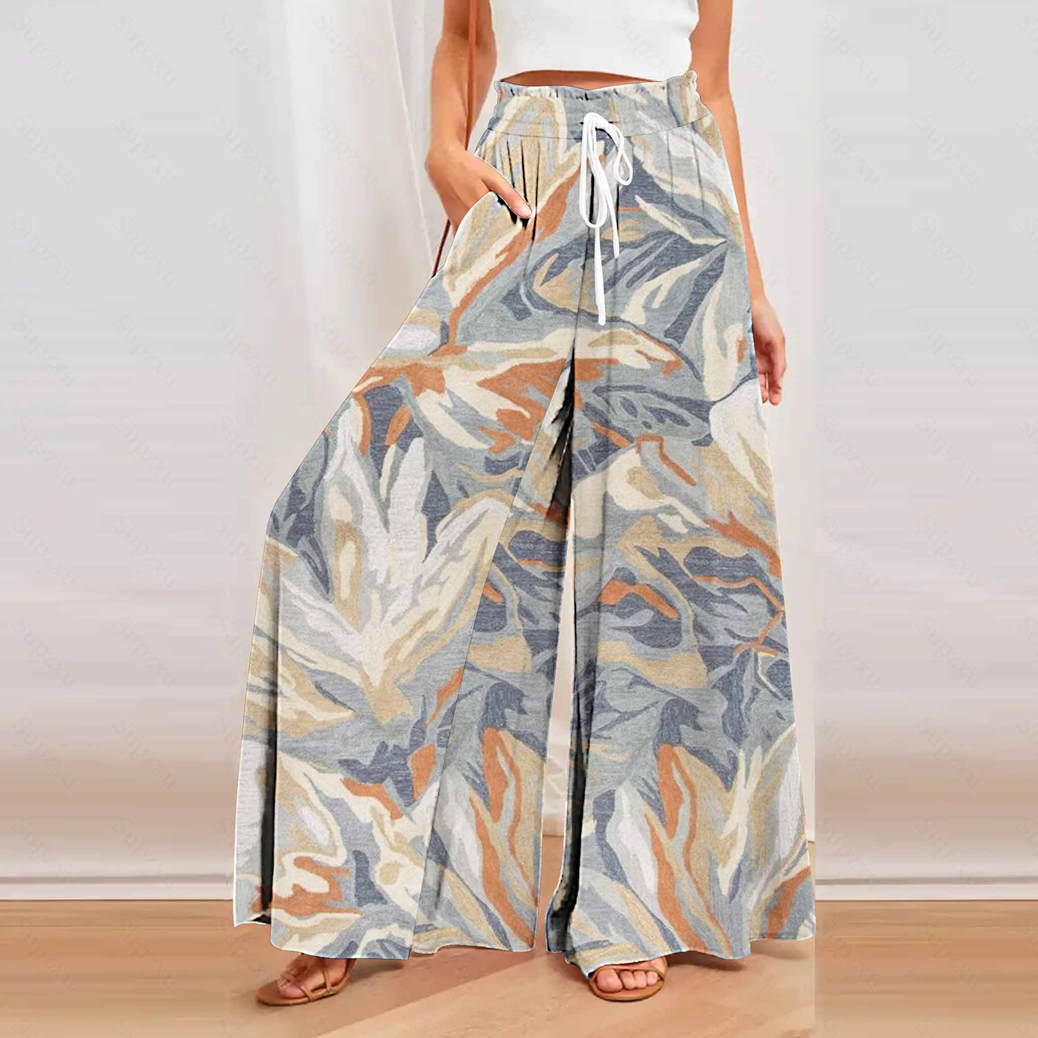 Women's Wide Leg Trousers ZANZEA Kaftan Printed Pants Elastic Waist Long Pantalon Palazzo Casual Floral Turnip Oversized: XXL / Brown