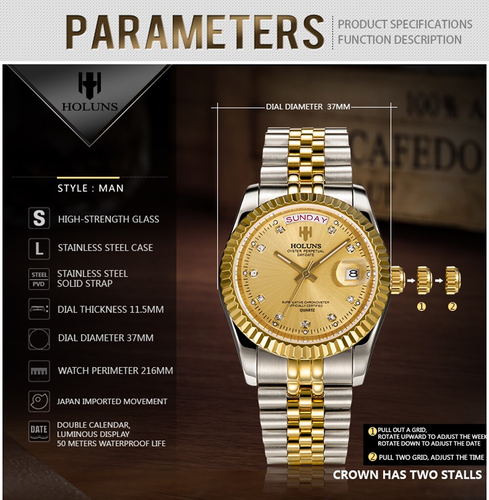 Holuns uhr herren uhren 316L stahl uhr diamanten Miyota quarz business männlichen armbanduhr kalender datum 50M wasserdichte